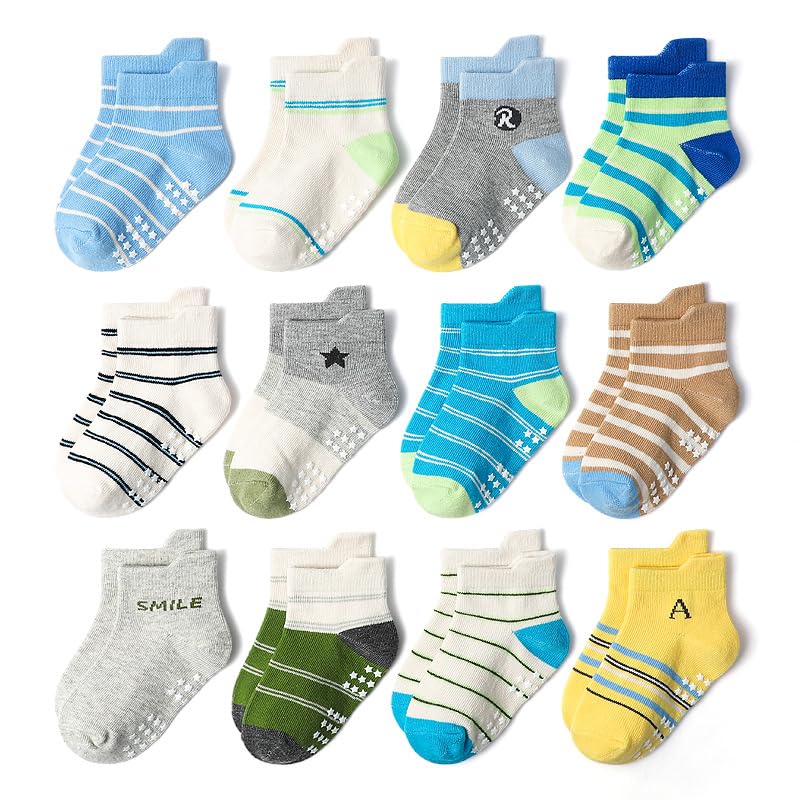 12 pairs Non-Slip Cartoon Kids Socks for Boys&Girls– Combed Cotton, Breathable&Comfortable Socks for Babies&Toddlers (KB176,Medium)