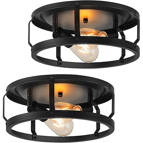 SviDau 2 Pack Light Fixtures Ceiling Mount, 13 Inch Matte Black Industrial Flush Mount Ceiling Light for Farmhouse, Light Fixtures Ceiling for Kitchen, Bedroom, Hallway (E26 Base)