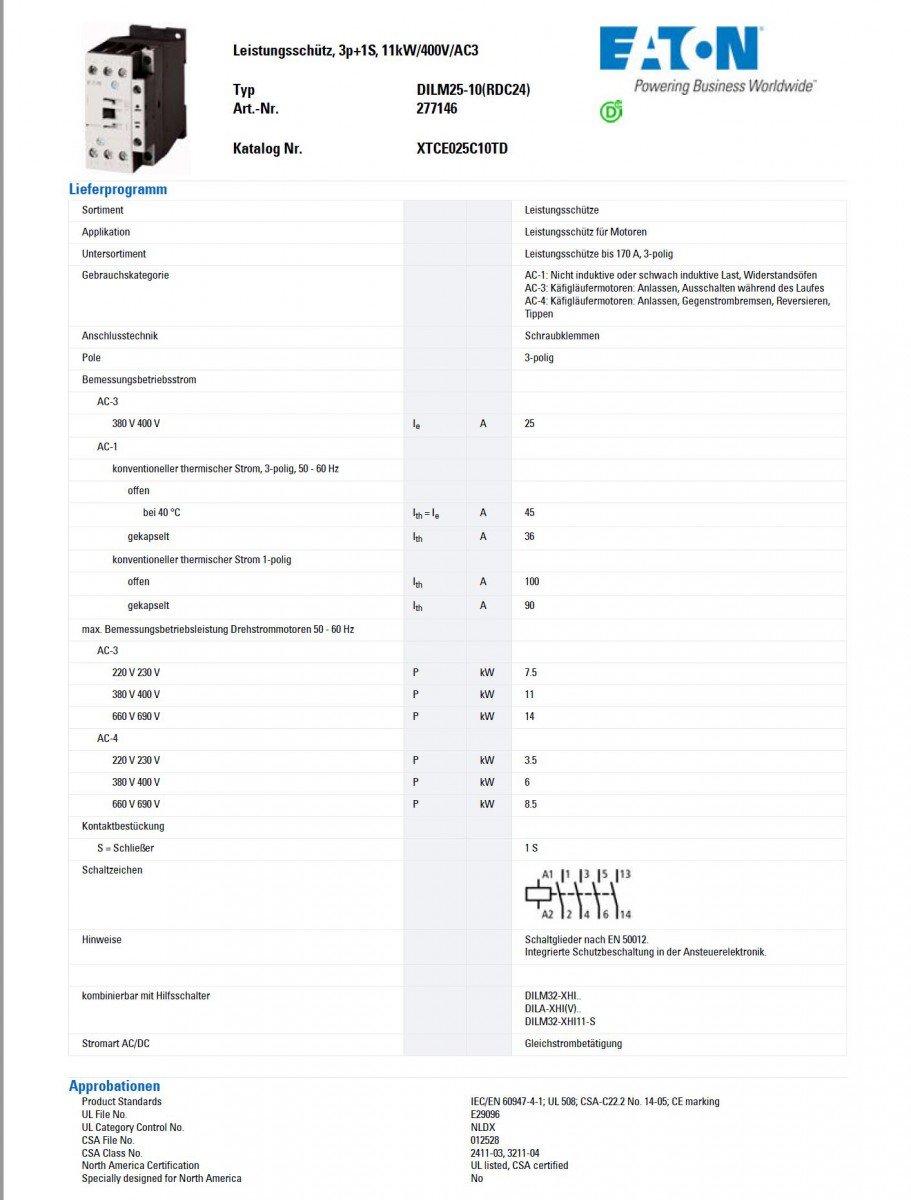 Eaton xStart Eaton Moeller Leistungsschütz / 24 V dc Spule, 3 -polig 3 Schließer, 400 V ac / 25 A, Motorsteuerung