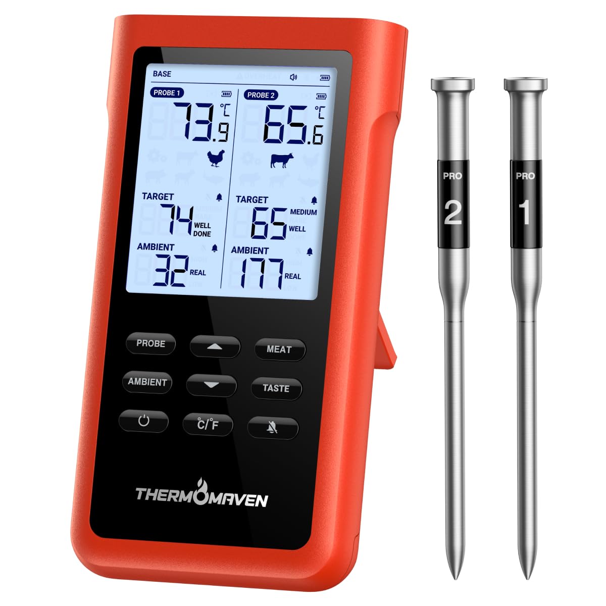 ThermoMaven X2 Fleischthermometer kabellos, 915m Sub-1G Reichweite Kein App | Grillthermometer kabellos mit 2 dünnen Sonden, 6 NIST-Sensoren, LCD-Display, Bratenthermometer für BBQ, Smoker, Backofen