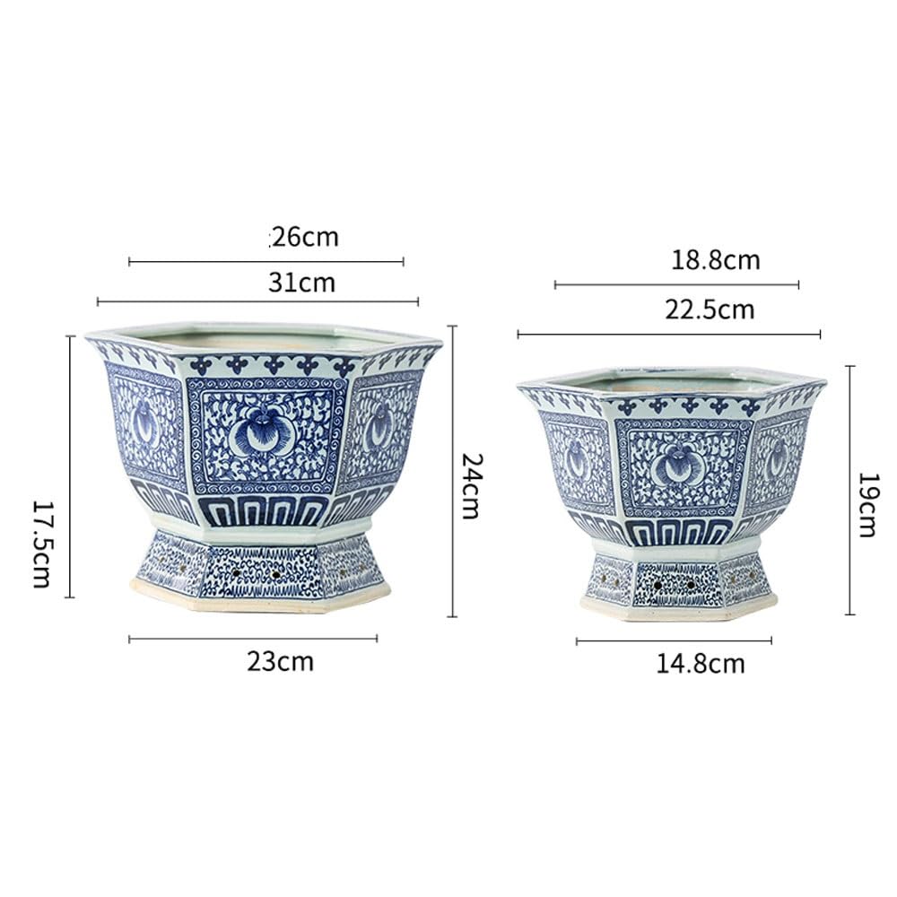 Niebiesko-biała porcelanowa doniczka, duża sześciokątna chińska ceramiczna doniczka, ręcznie malowana z tradycyjnym wzorem kwiatowym, doniczki do użytku wewnątrz i na zewnątrz (22,5 cm)