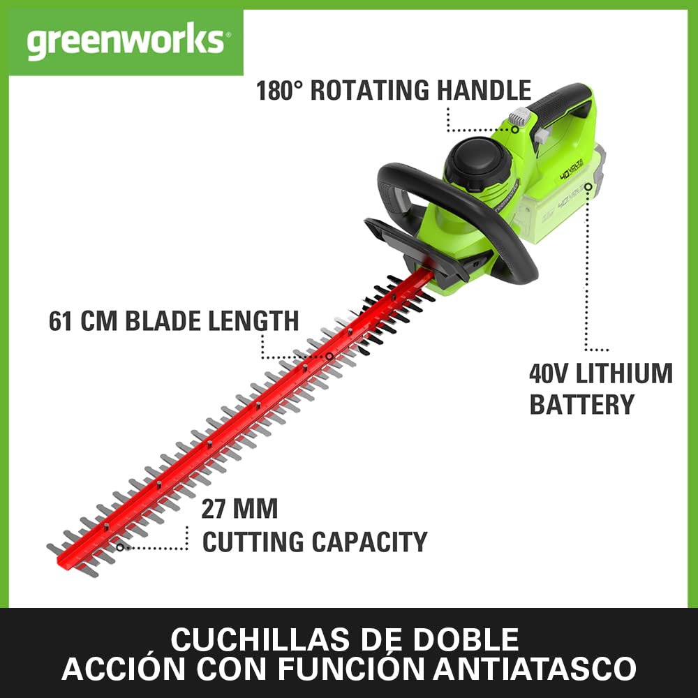 Greenworks G40HT61K2 Cortasetos a Batería, Cuchillas de Doble Acción 61 cm, Corta Ramas y Tallos de Hasta 27 mm Grosor, 3000 spm, Batería (40 V 2 Ah) y Cargador, 3 Años de Garantía