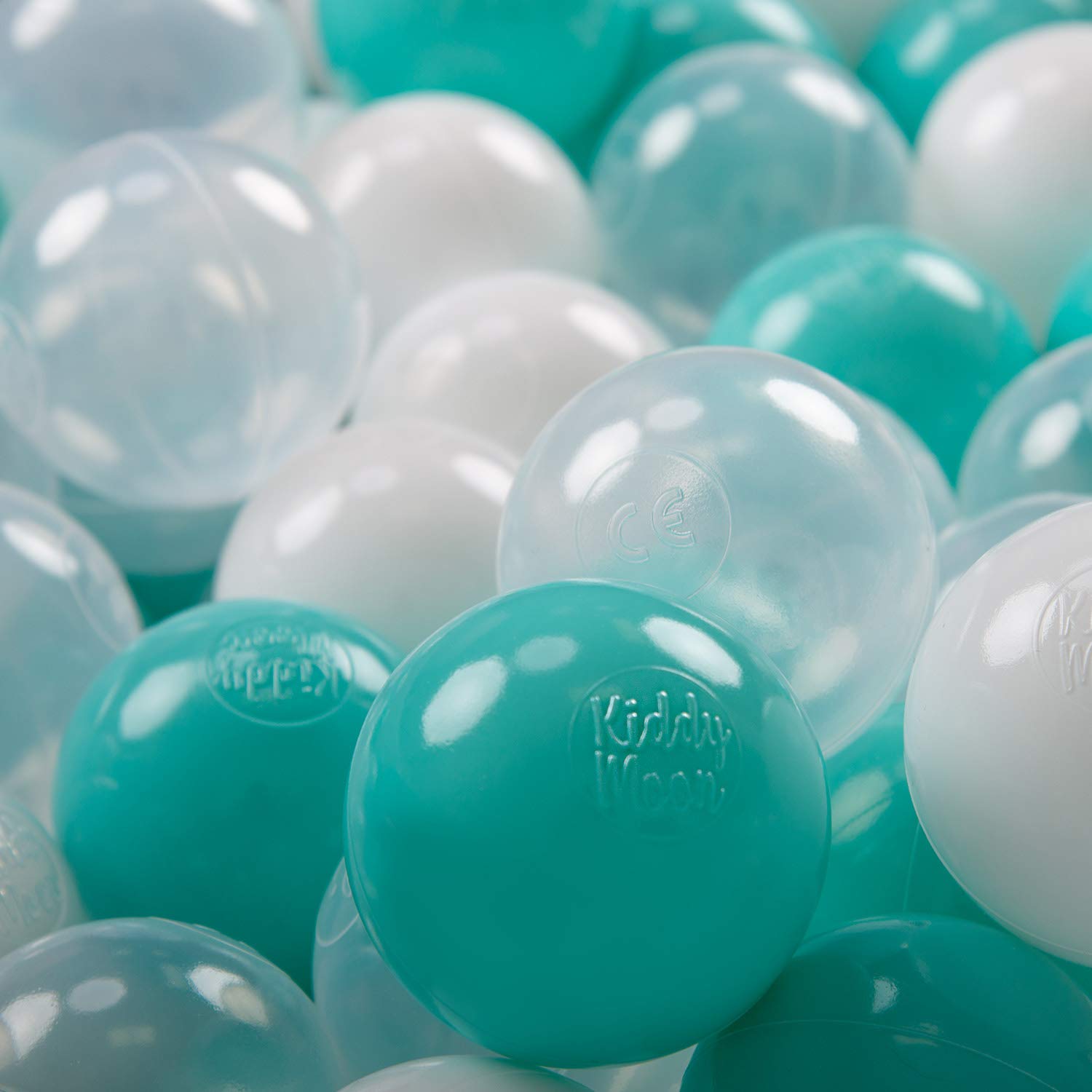 KiddyMoon Soft Plastic Play Balls 300 Balls/7Cm-2.75In Multi-Colour Made In EU, Light Turquoise/White/Transparent — image 1