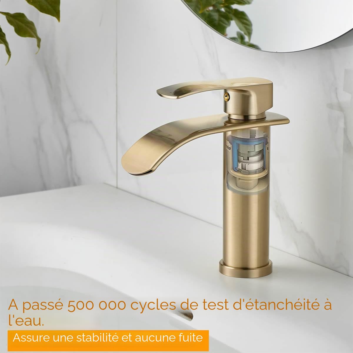 Beelee Mitigeur cascade mono-trou avec raccord d'eau froide et chaude G3/8", or brossé, robinet moderne pour lavabo de salle de bain