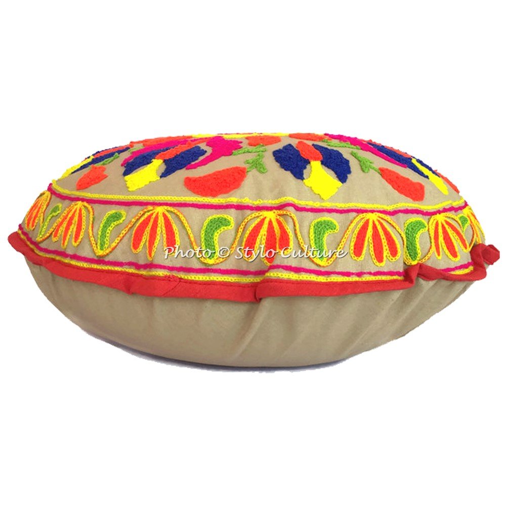 Copricuscino Da Pavimento Rotondo Indiano Boho – Ricamo Sujani Multicolore, Ø45 Cm, Solo Fodera, In Cotone - 2