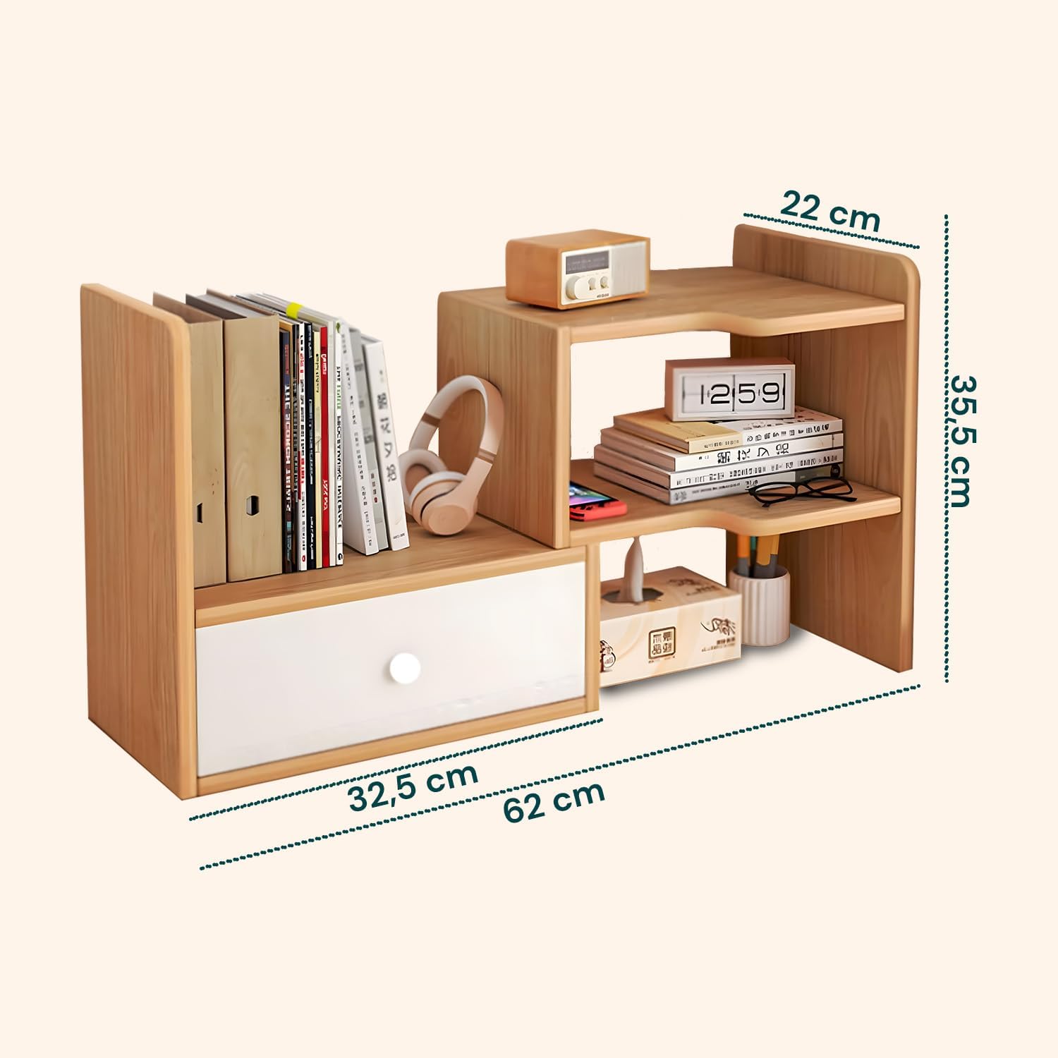 Wintem - Organizer Porta Libri da Scrivania Salvaspazio in Legno con 5 Scomparti e 1 Cassetto Estensibile, Libreria da Scrivania, Design Modulabile Facile da Montare e Resistente