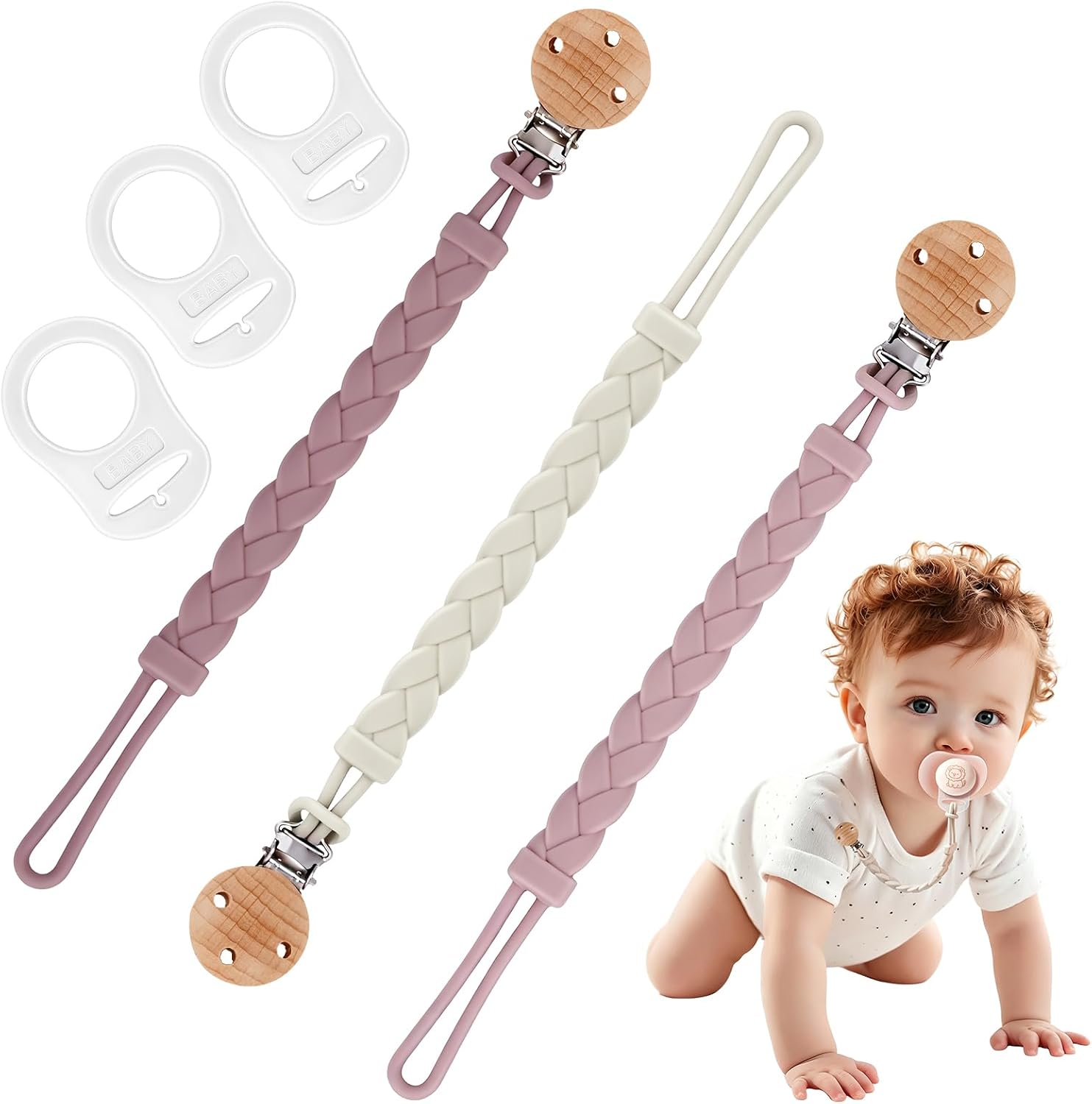 3er-Pack Schnullerkette Clip Silikon für Baby Mädchen Junge, BPA freie