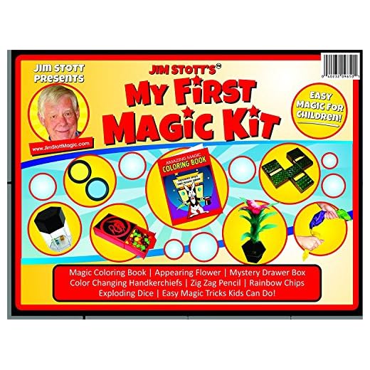 Jim Stott’s 'My First Magic Kit' for Kids, Magic Tricks Set for Girls and Boys, Appearing Flower, Magic Coloring Book, Mystery Box, Color Changing Handkerchiefs, Exploding Dice, and More