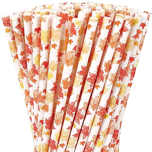 Whaline 200Pcs Fall Thanksgiving Paper Straws Maple Leaf Disposable Straws Orange Yellow Maple Drinking Straws Autumn Decorative Straw for Fall Thanksgiving Party Supplies Beverages Cocktail Decor