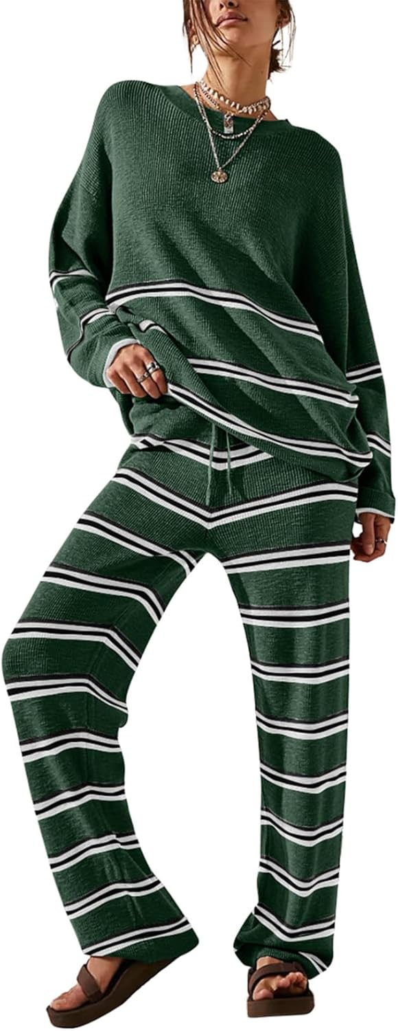 EVALESS 2 Piece Outfits for Women 2024 Striped Knit Sweater Sets Matching Loungewear Set