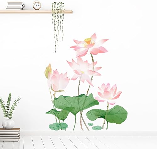 Calcomanías de pared grandes de flores de loto para sala de estar, calcomanías de pared florales rosas, removibles, impermeables, para decoración
