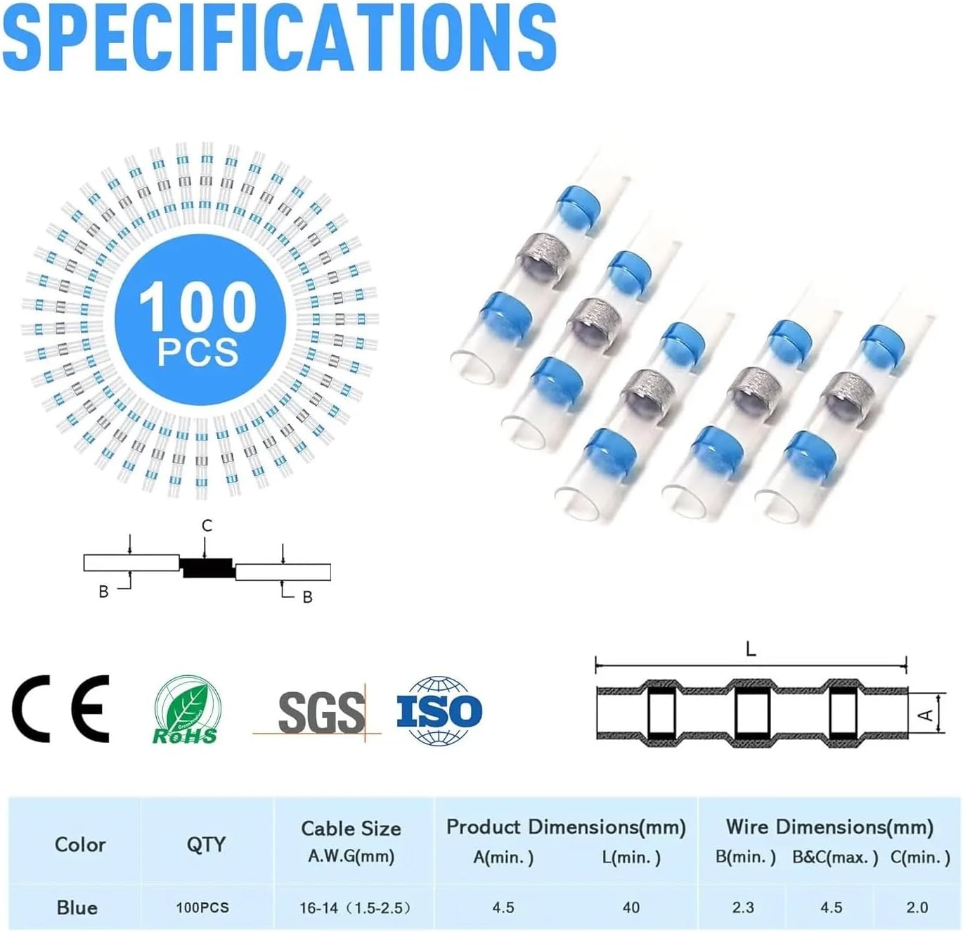 100PCS Solder Seal Wire Connectors AWG 16-14, Blue Heat Shrink Butt Terminals Sleeve Waterproof
