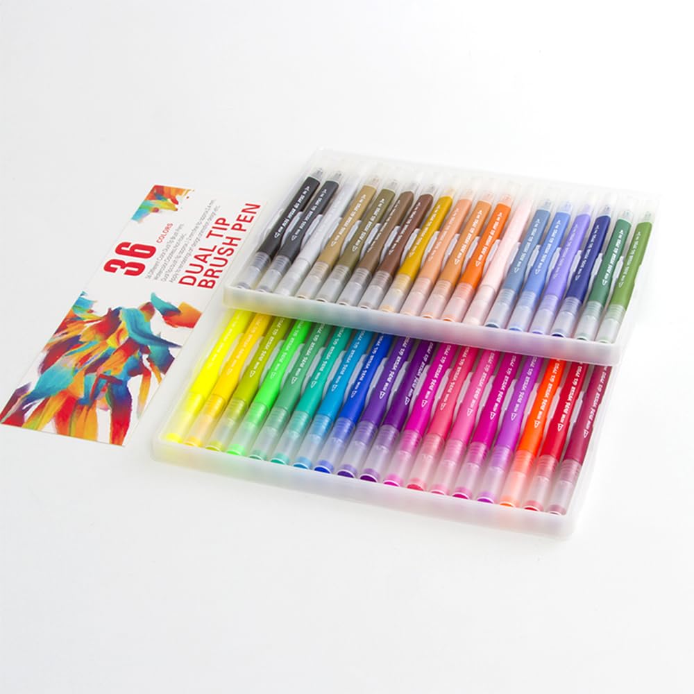 DAM Set mit 36 Filzstiften, Doppelspitze, feine Spitze 0,4 mm und professionelle Aquarellpinsel, 1 x 1 x 16,5 cm, Farbe: Kuh Braun