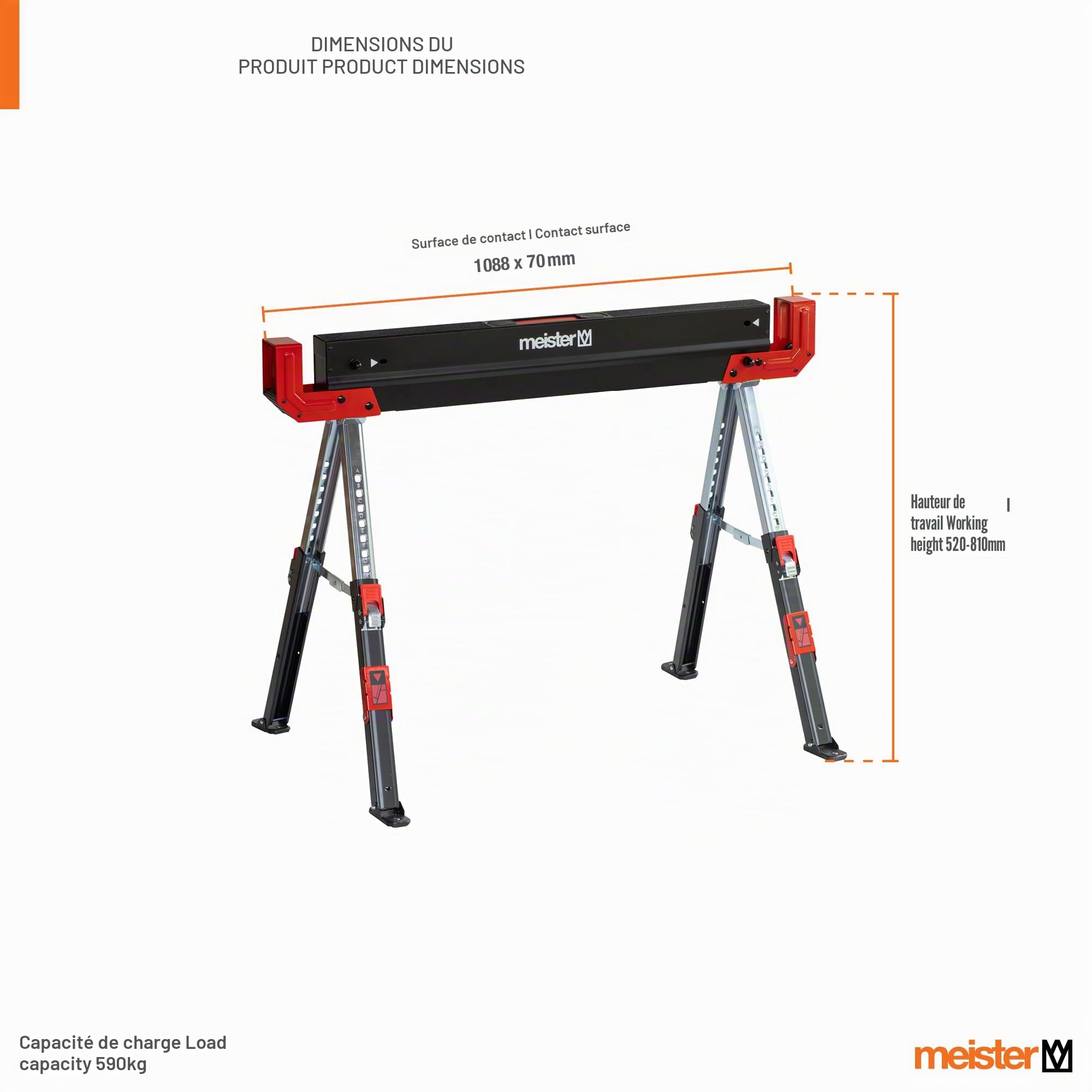 Meister Chevalet de sciage 300 kg – Pliable – Avec poignée de transport – Avec support antidérapant – Hauteur réglable de 52 à 81 cm – Tréteau pliant avec support antidérapant – Tréteau de travail /