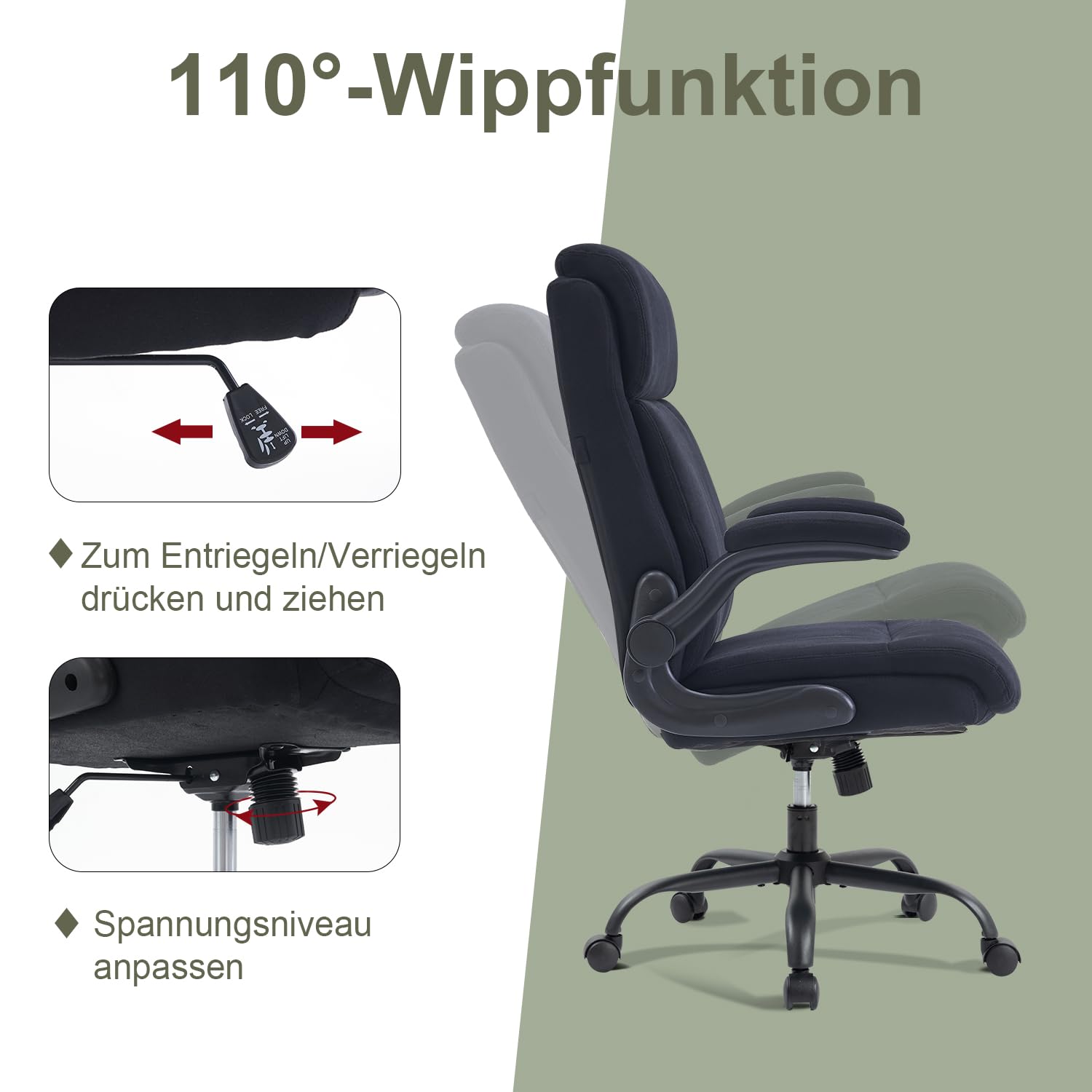 CASTLOVE Ergonomischer Bürostuhl - Schreibtischstuhl mit Rückenlehne - Hochklappbare Armlehne - Hohe Rückenlehne - Höhenverstellbar - Wippfunktion (Bürostuhl Stoff Schwarz Max. 150 kg)