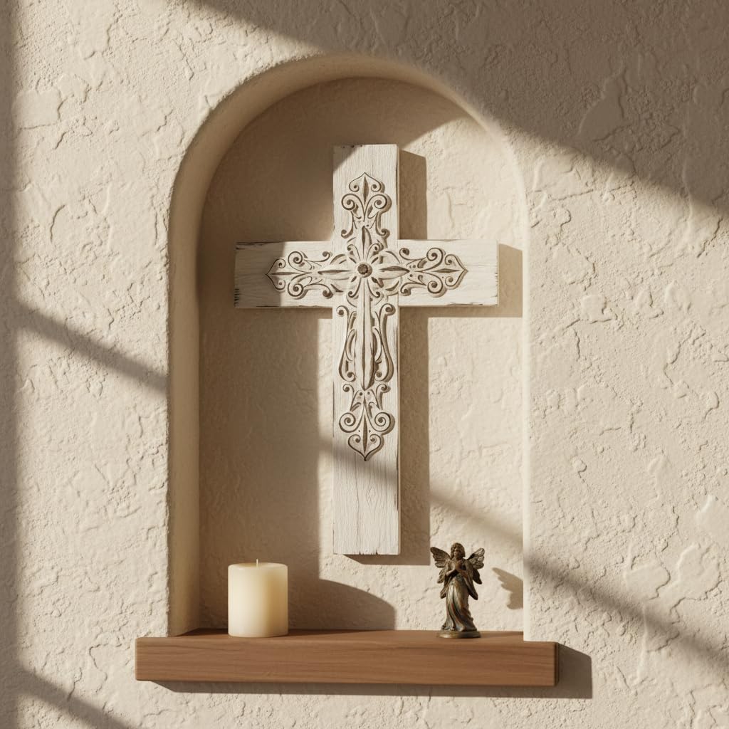 Comfy Hour 13" Decorative Layered Wall Cross, Antique Style Copper Tone Cross on Rustic Wood Look Base, Artisan Crafted Resin Plaque for Home and Office Wall Art (White)