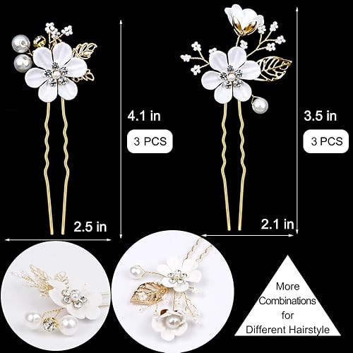 Miniatura 10 de 6 horquillas para el cabello de boda de flores nupciales con perlas de cristal, pinzas para el cabello, accesorios de boda dorados con diamantes de