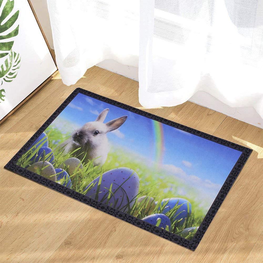 Rubber Welcome Door Mat, Decorative Indoor Outdoor Doormat Non Slip Front Door Mat, Easy to Clean Low Profile Mat for Entry Patio Garage High Traffic Areas, 17.25" x 28.75" (Easter Rabbit)