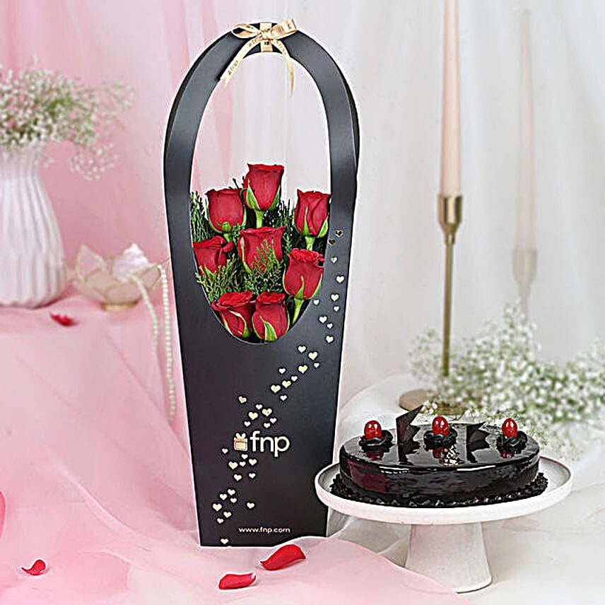 FNP Valentine Red Rose Stand with Chocolate Truffle Cake Combo | Premium Romantic Flower & Cake Gift for Girlfriend Boyfriend Wife Husband-image-19