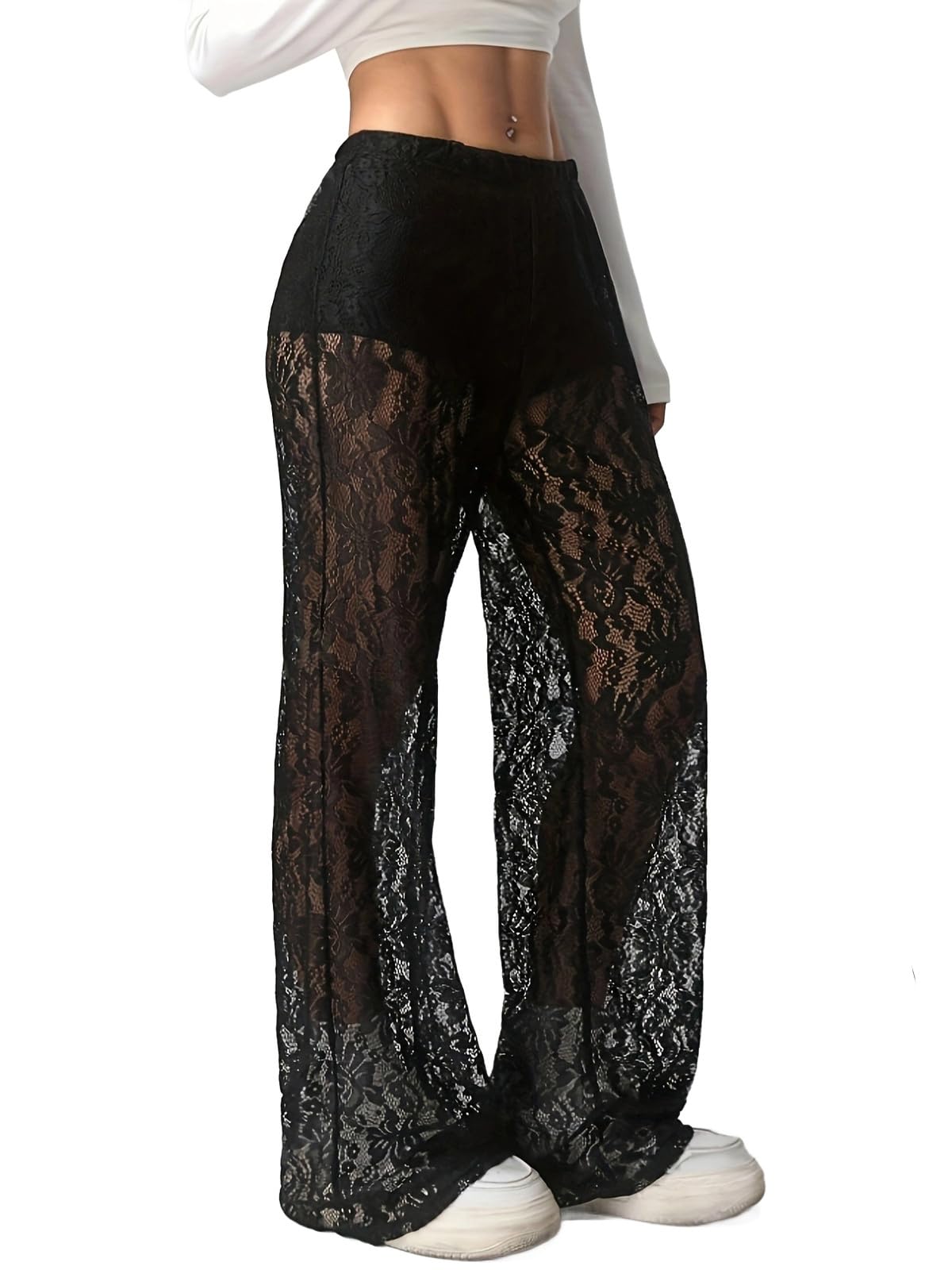 Générique Pantalon Chic en Dentelle Transparente pour Femme Taille Haute Coupe Flatteuse avec Doublure intérieure