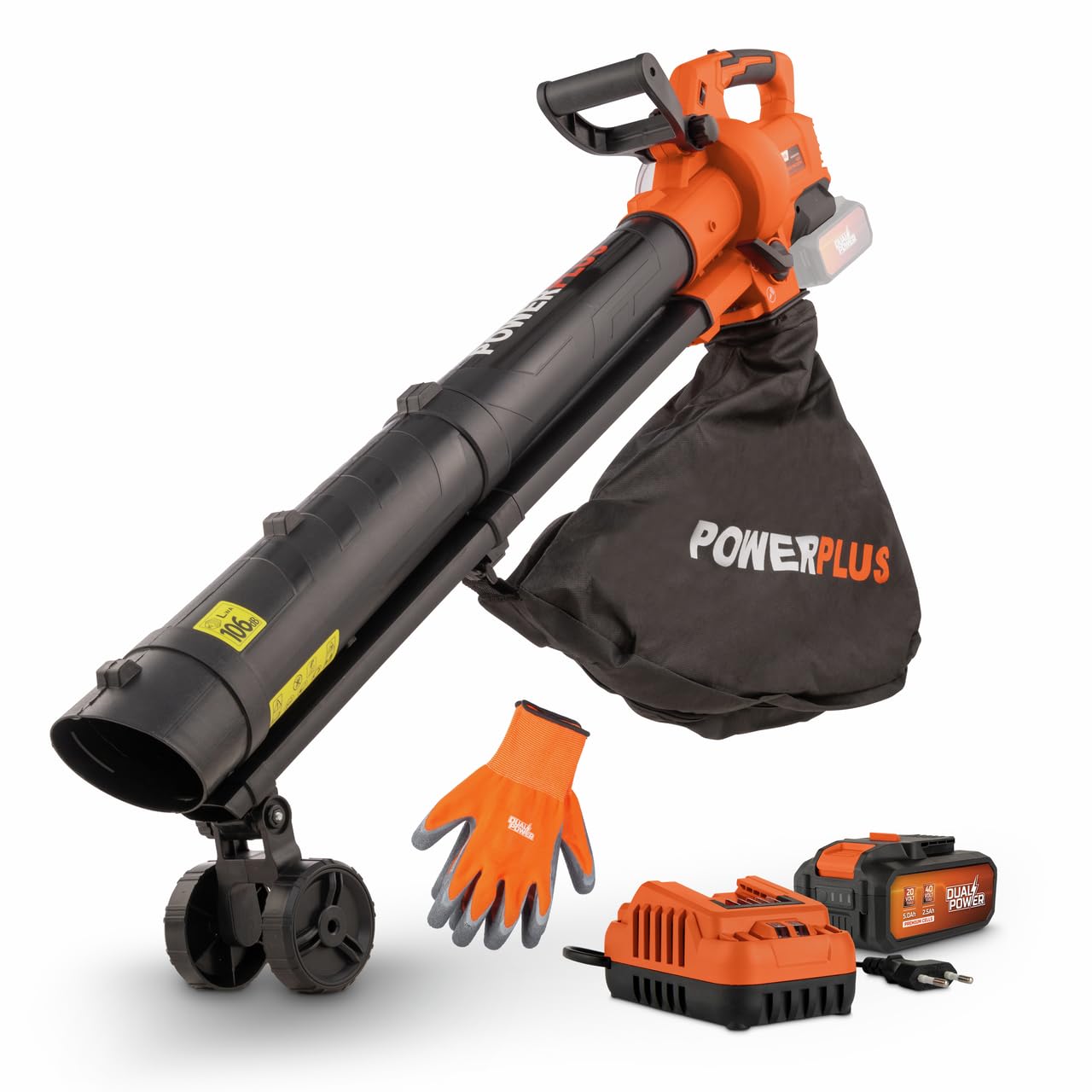 Powerplus Dual Power POWDPGBVS1-40V Soplador de Hojas con batería 3 en 1: Picar, soplar y aspirar, Velocidad máxima de Aire de 210 km/h, con batería y Cargador