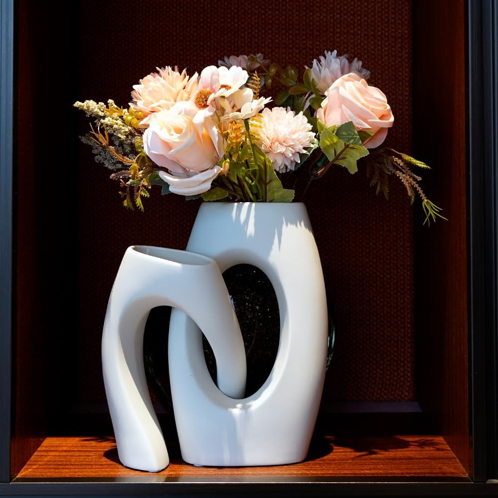 White Hollow Ceramic Vase Set of 2，Hug Donut Boho Decorative Vase for Living Room Bookshelf Dining,Modern European Minimalist Decor (Champagne-Colored Flowers and White Vase)
