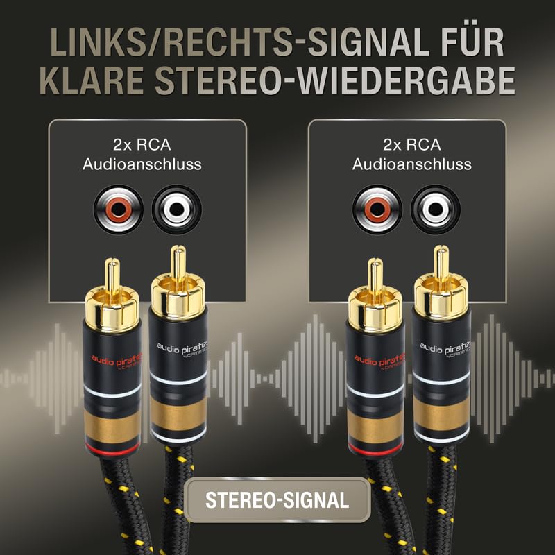 audio pirates by cammica kabel cinch, 2 x wtyczka RCA na 2 x wtyk RCA, kabel audio | High-End kabel audio ze złotymi stykami i wbudowaną funkcją rozdzielacza (10 metrów)