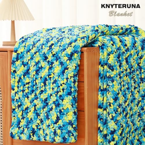 Image of #6 Super Bulky Blanket Yarn for Crocheting - 4 Skeins(Each 10.5oz /300g, 220yds /201m), Chunky Chenille Thick Plush Big Soft Yarn for Crocheting Knitting Blankets, Multi Blue & Yellow