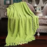 Home Soft Things Green Throw Blanket Knitted Tweed Throw 50'' x 60'', Dark Citron, Super Soft Cozy W
