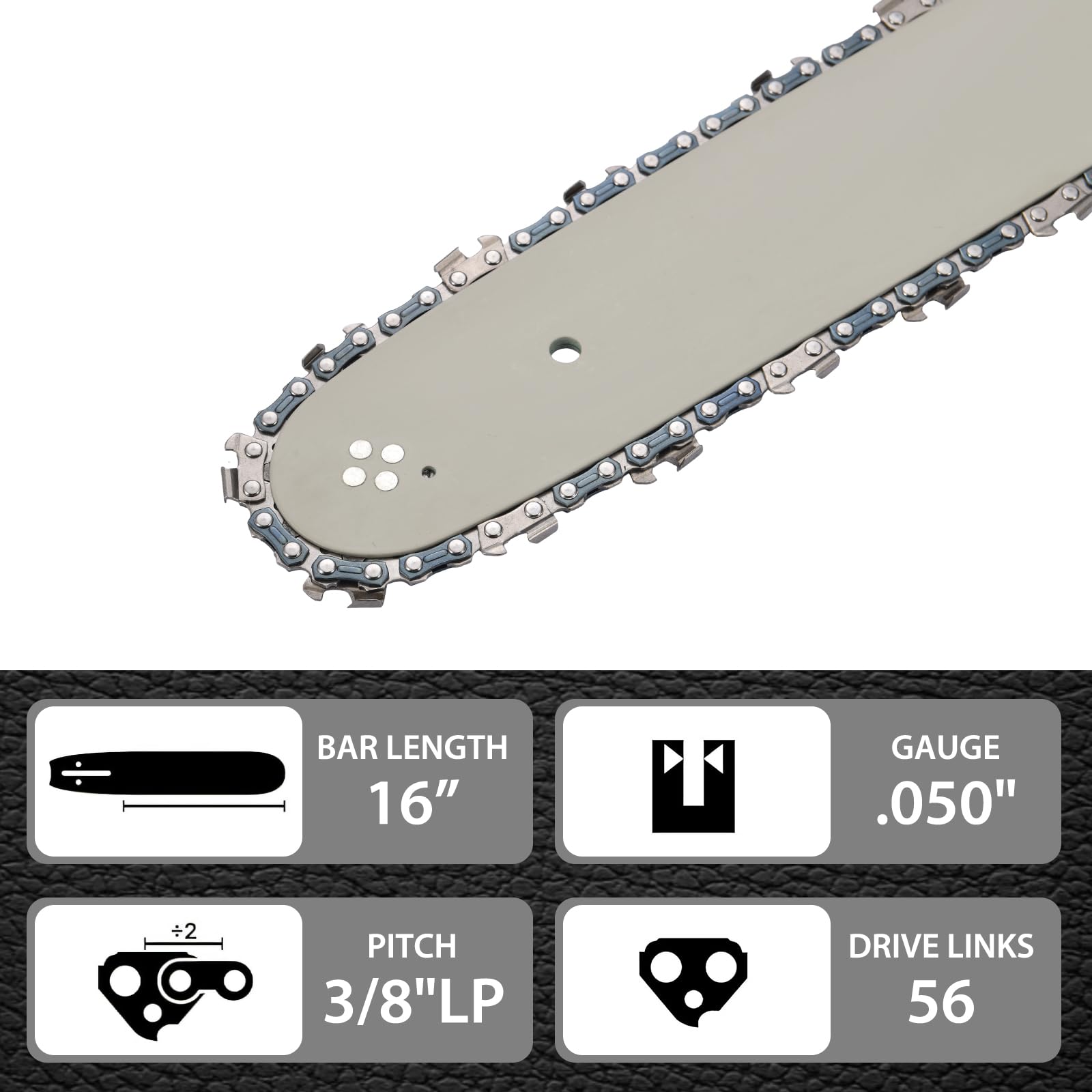 Barra per motosega da 40,6 cm e catena combinata – passo 3/8" LP calibro .50" 56 maglie, compatibile con Stihl MS180, Husqvarna 140, Yusen 5900 motoseghe professionali (3 catene + 1 bar+1 guanto + 1