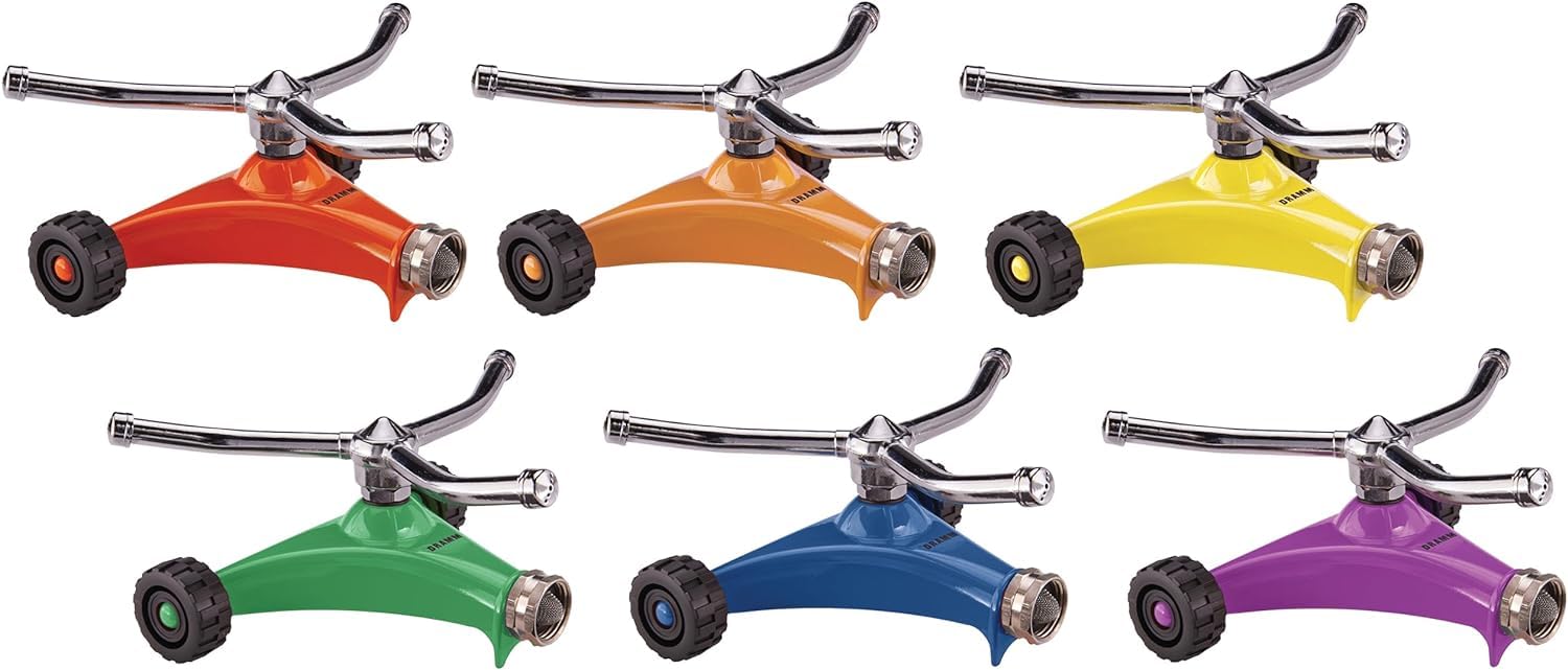 DRAMM ColorStorm 15053 Premium - Aspersor Caliente de 3 Brazos con Base de Rodillo de Metal Resistente, Color Amarillo