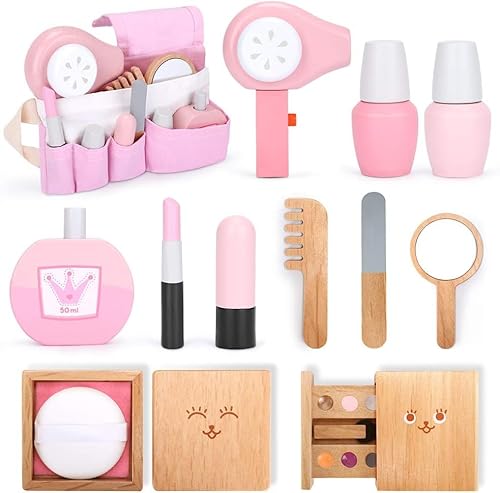 Brinquedos de madeira para salão de beleza, conjunto de 12 peças com maquiagem, espelho, secador de