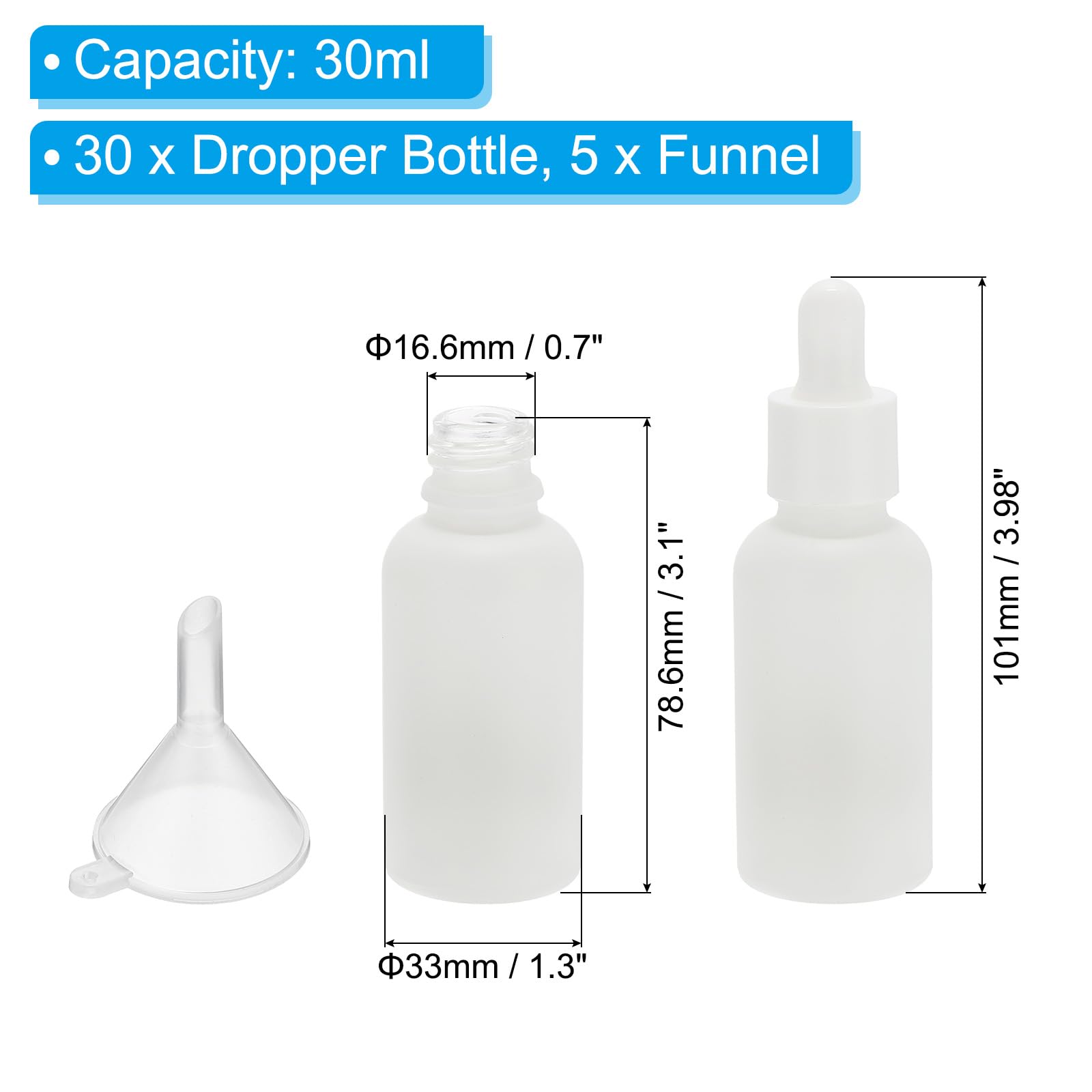 PATIKIL Frasco Gotero De Vidrio De 30ml 30 Piezas Recipiente Hermético Para Muestras De Aceites Esenciales Perfume Líquido Con Embudo Gotero Para Almacenamiento Hogar Viaje Blanco