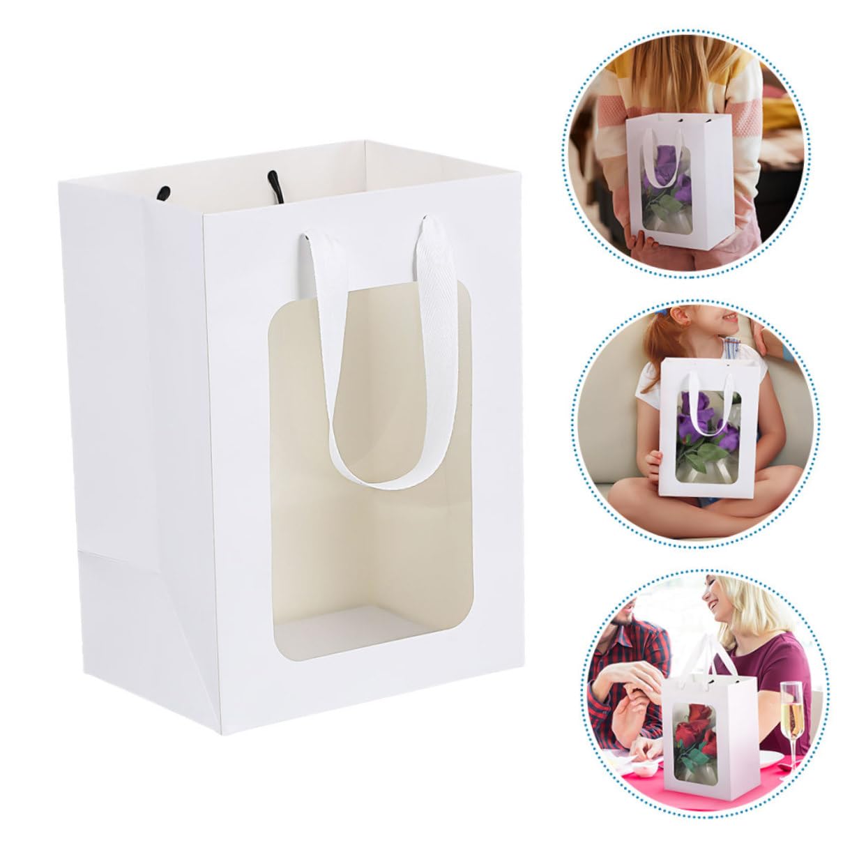 Bolsas de Obsequio Transparentes de Papel Blanco, 25 Piezas | Ventana Visible, Asas Prácticas, Formato Sencillo y Elegante para Fiesta, Flores y Recuerdos