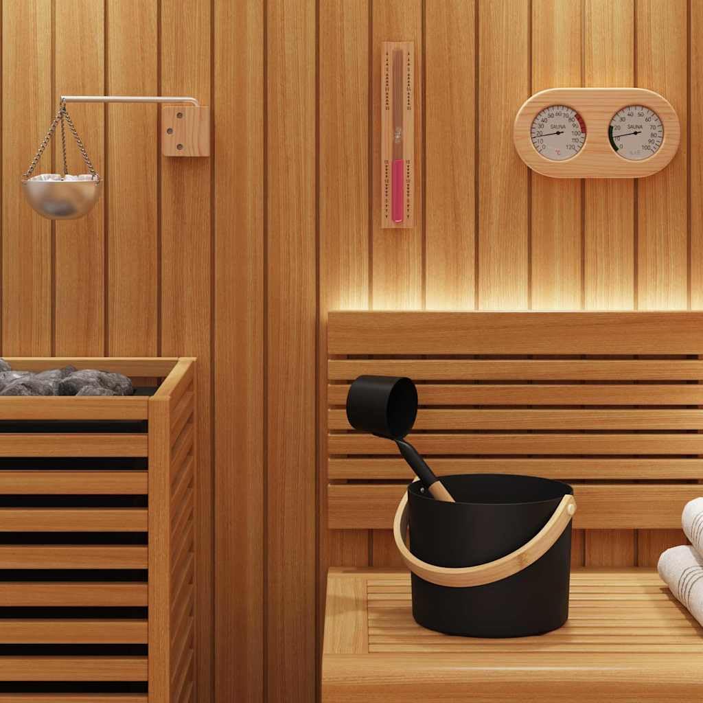 Set di accessori per sauna, 5 pezzi, nero, in alluminio e legno di pino, secchio per sauna, igrometro, termometro, clessidra, ciotola per aromi, mestolo per interni, benessere e relax