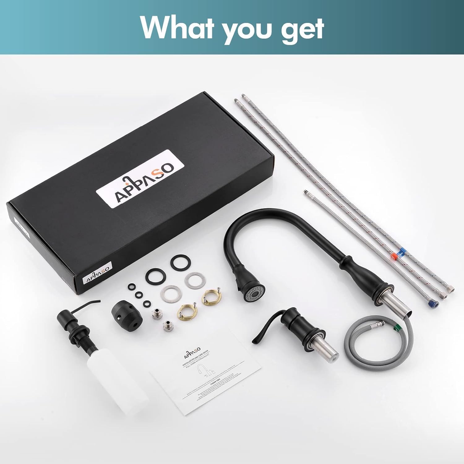 APPASO 3 Hole Kitchen Faucet with Pull Down Sprayer, Kitchen Faucets with Soap Dispenser, 3 Pieces Kitchen Sink Faucet with Separate Handle, Matte Black Kitchen Faucet 3 Hole, 218MB