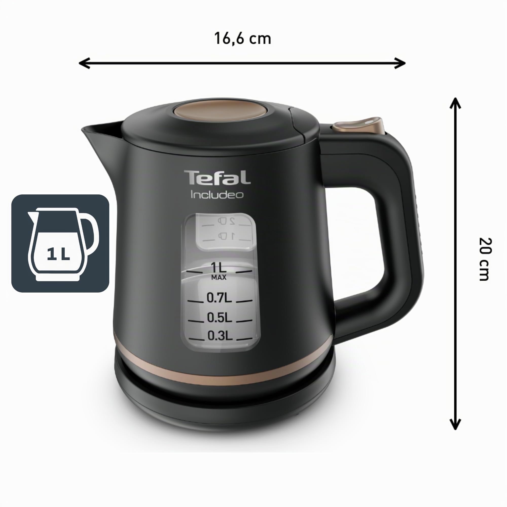 Tefal KI5338 Includeo Wasserkocher, Fassungsvermögen 1 L, Anti-Rutsch-Griff, einfach abzulesende Wasserstandsanzeige, 360°-Drehsockel, herausnehmbarer Filter, 2400 W, 23.3 x 16.6 x 20 cm