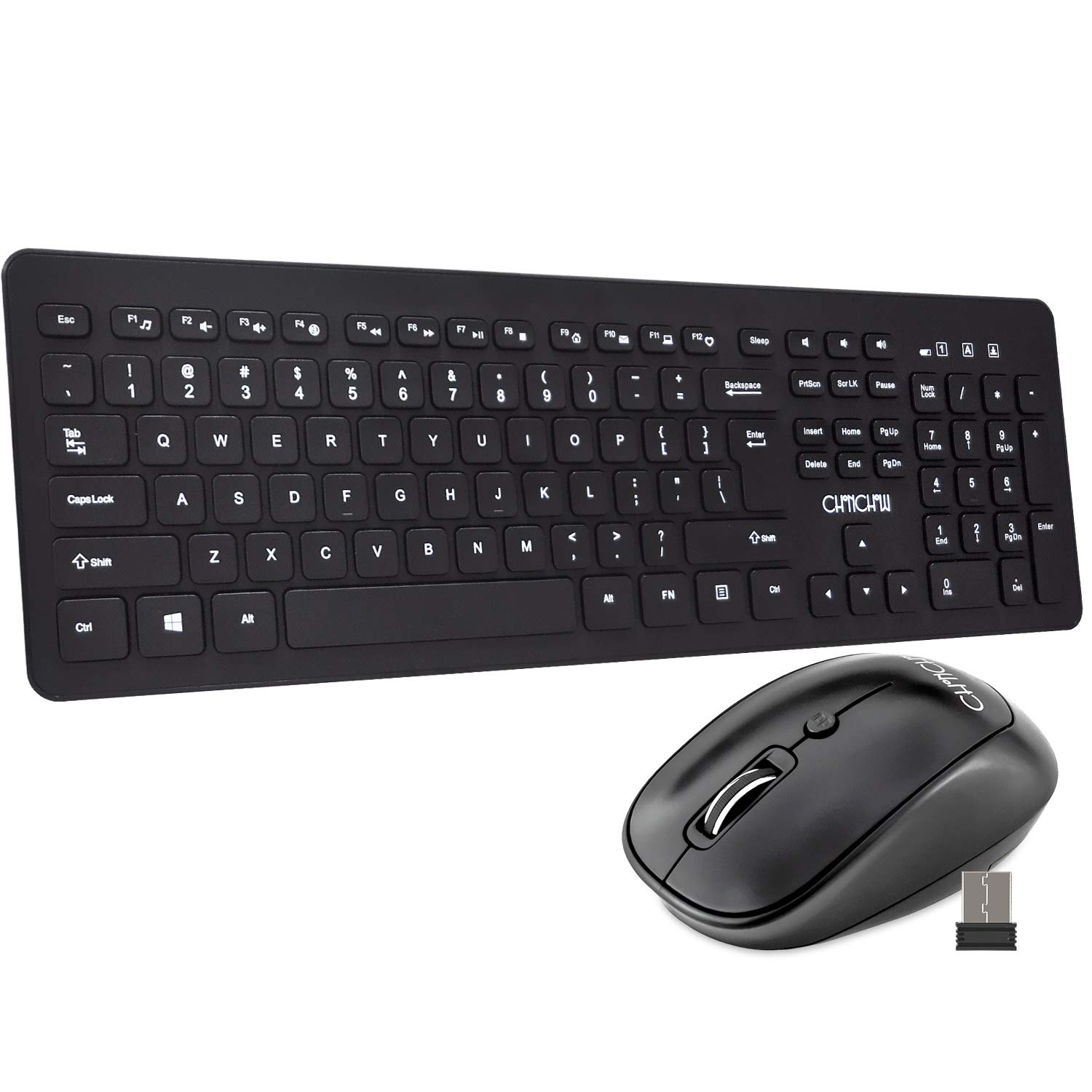 Wireless USB Keyboard Mouse Combo CHONCHOW 2.4GHz Nano Receiver Full Size Slim Keyboard Ergonomic Mice for Windows 7/8/10 Linux Vista XP Chrome OS(Black)