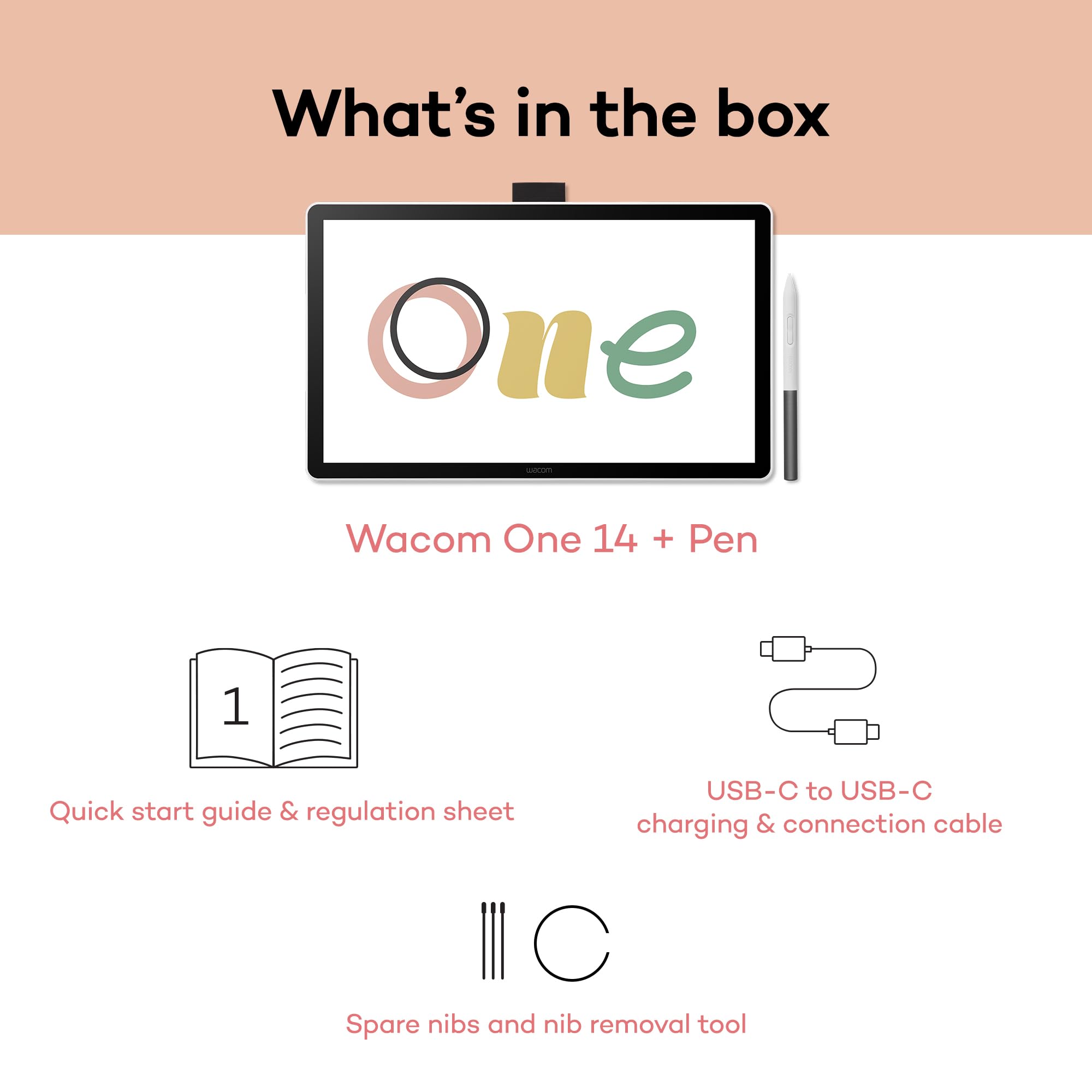 Wacom One 14 Tablet graficzny z ekranem 14″ Full HD, rysik bez baterii, ekran antyrefleksyjny, kompatybilny z Windows macOS ChromeOS