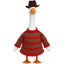 Halloween Porch Goose Outfit with Brown Hat and Red Green Striped Sweater, Scary Spooky Yard Decor Accessories for 23 Inch Garden Goose Statue, Halloween Outdoor Lawn Decor