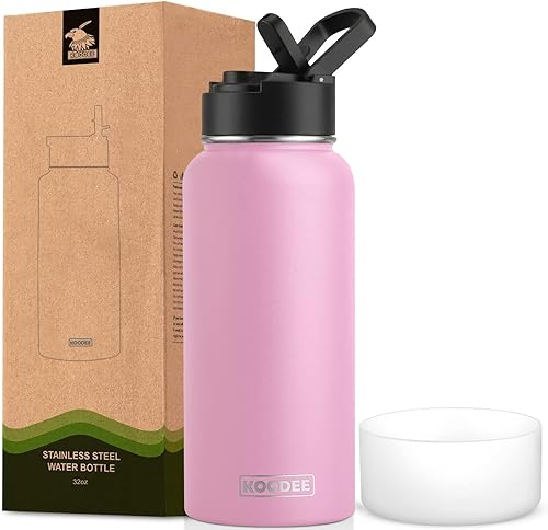 Miniatura 30 de koodee Botella de agua de 16 onzas de acero inoxidable de doble pared aislada al vacío, botella de agua de boca ancha con tapa de popote a prueba de