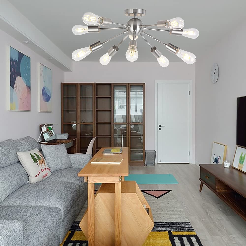 BONLICHT Sputnik żyrandol ze szczotkowanego niklu, montaż podtynkowy, lampa sufitowa, nowoczesna lampa wisząca do kuchni, salonu, jadalni, łóżka, korytarza, 10 lampek