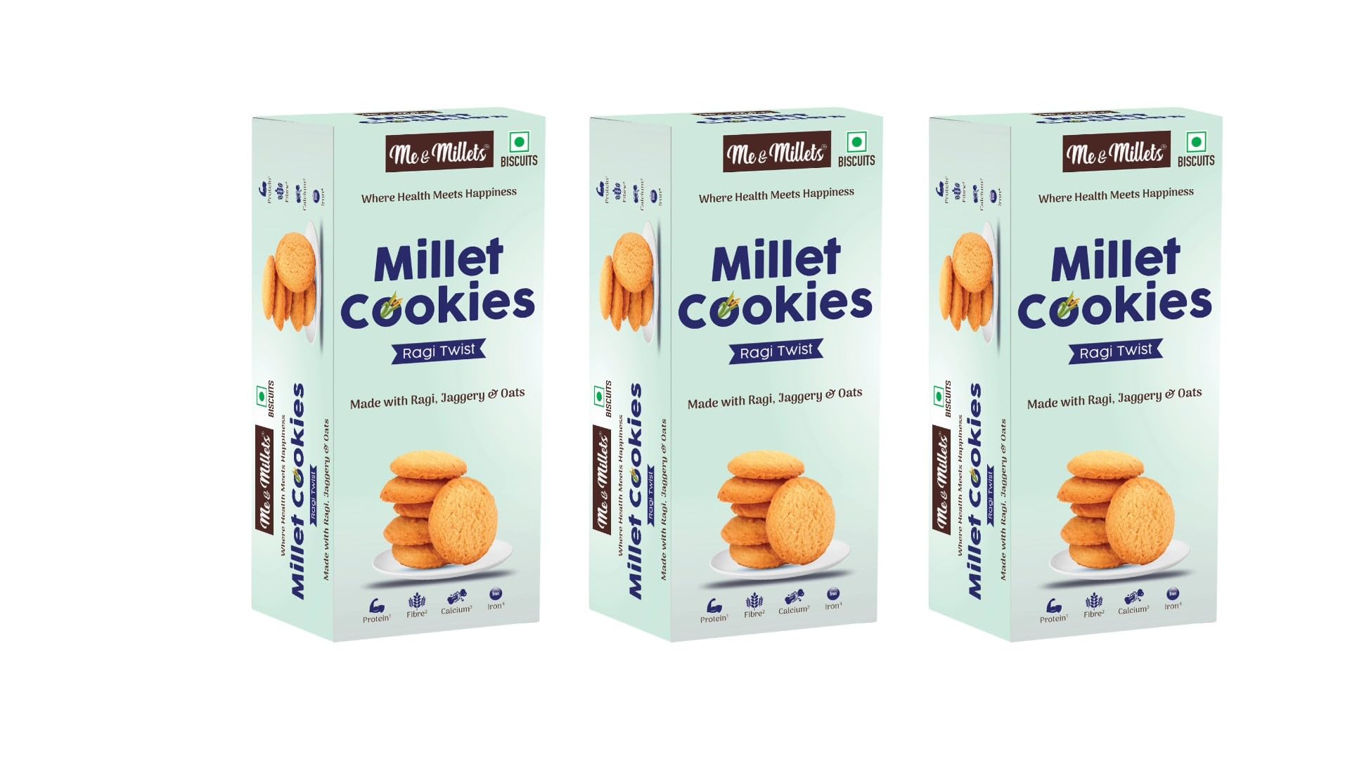 Me & Millets Cookies - Ragi Twist (Pack of 3, Each 75g) - Delicious Millets Biscuits, Rich In Protein & Fiber, Healthy Tea Snack (Jain Friendly)