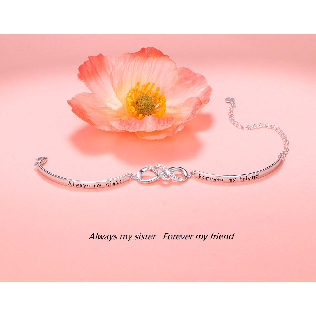 Braccialetto in argento Sterling 925 con simbolo dell'infinito, con messaggio "Always My Sister, Forever My Friend", regolabile, per donne e ragazze
