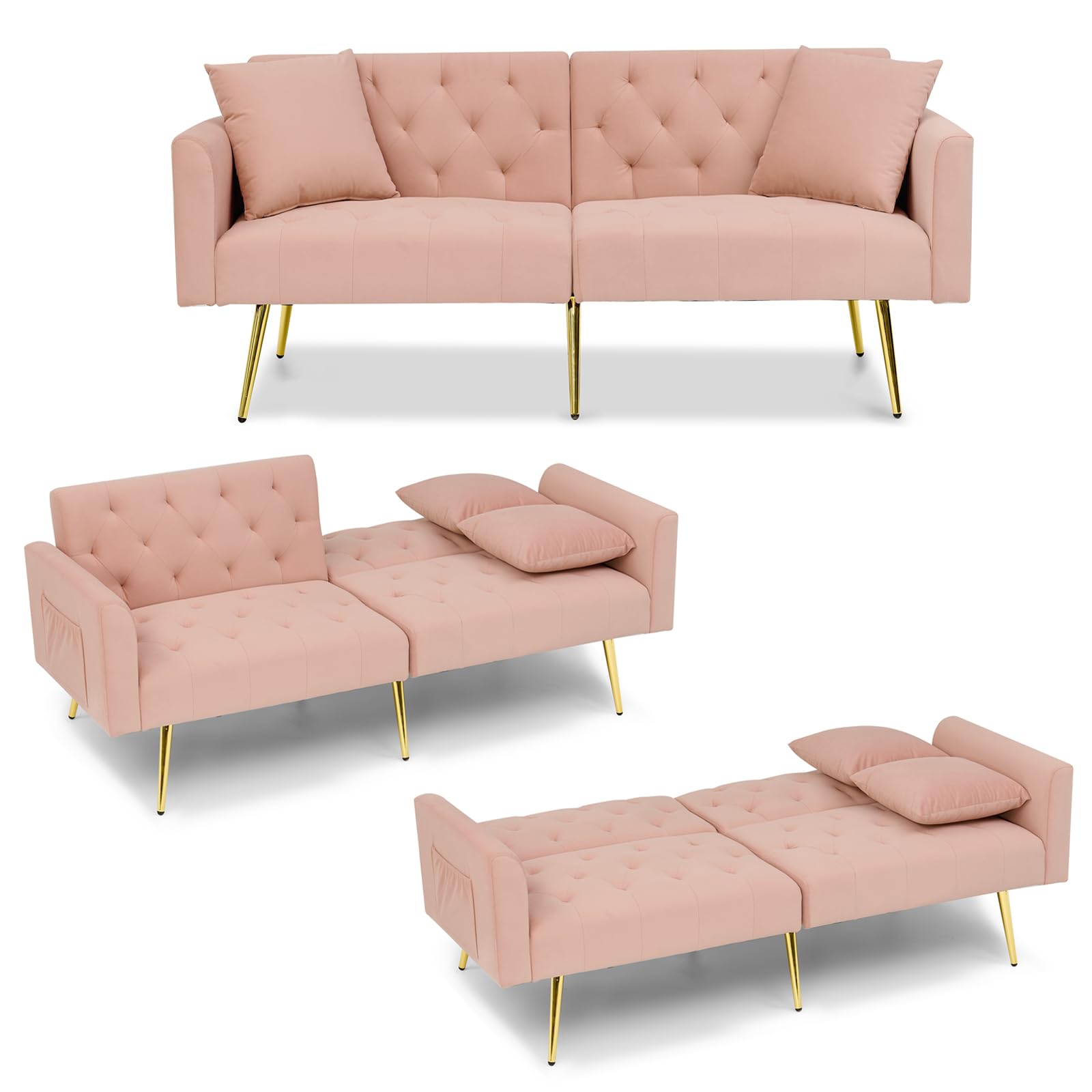DRIXNO Schlafsofa mit Schlaffunktion, Klappsofa Sofa 3 Sitzer, 3-stufige Verstellbare Rückenlehne, 2 Beigelegte Kissen, Samtstoffe Zweiersofa, Für Wohnzimmer, Büro, Lounge, Schlafzimmer, Rosa