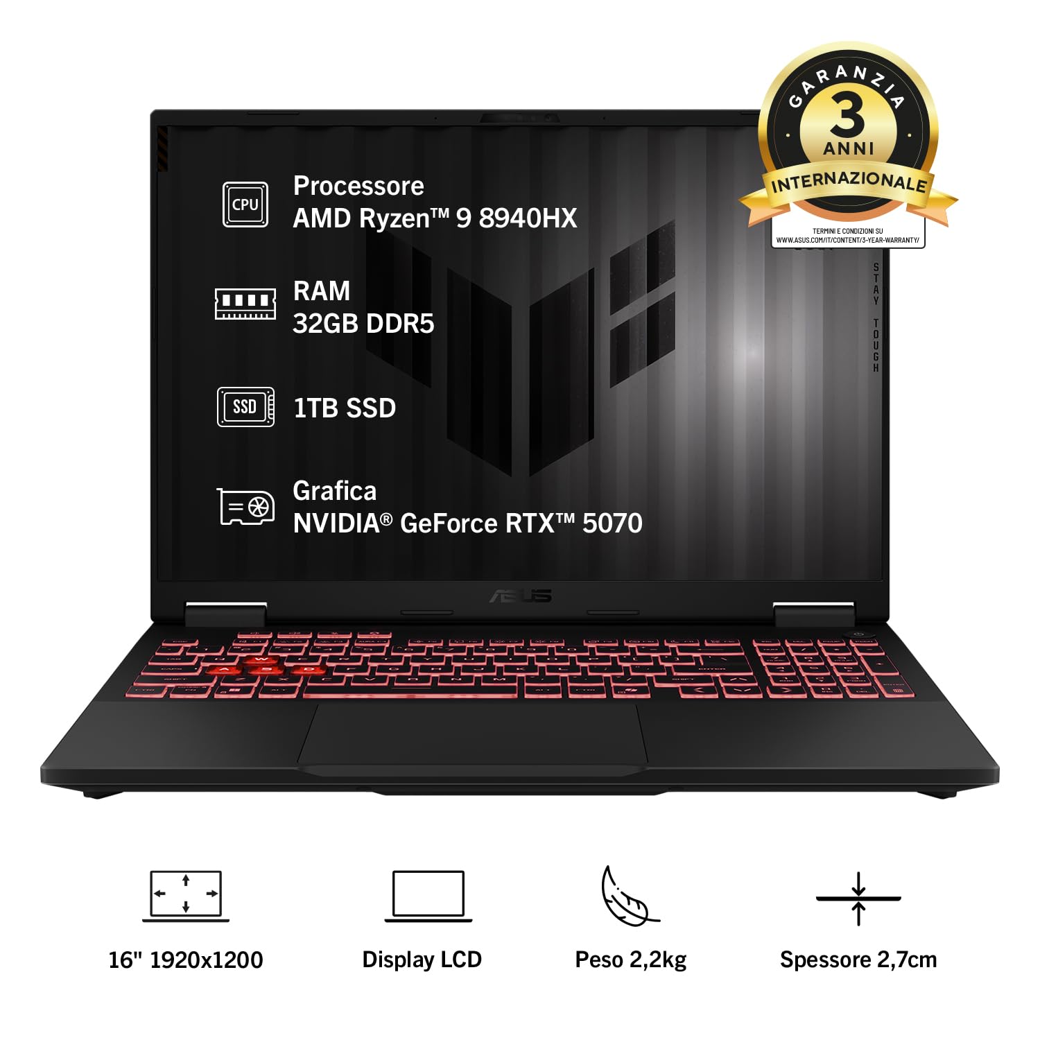 ASUS TUF Gaming A16 (2026) con NVIDIA® GeForce RTX™ 5070 8GB GDDR7, Display da 16" a 165Hz, processore AMD Ryzen™ 9 8940HX, 32GB RAM, 1TB SSD, No OS, Grigio, Layout ITA