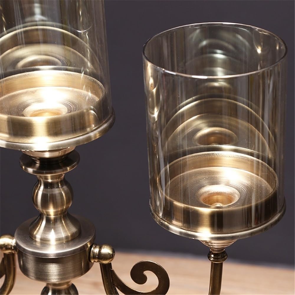 Französische romantische Kerzenständer, Retro Metall Glas DREI-Kopf Leuchter Licht Luxus Hause Dekoration Ornamente Kerze Halter Dekor(L)