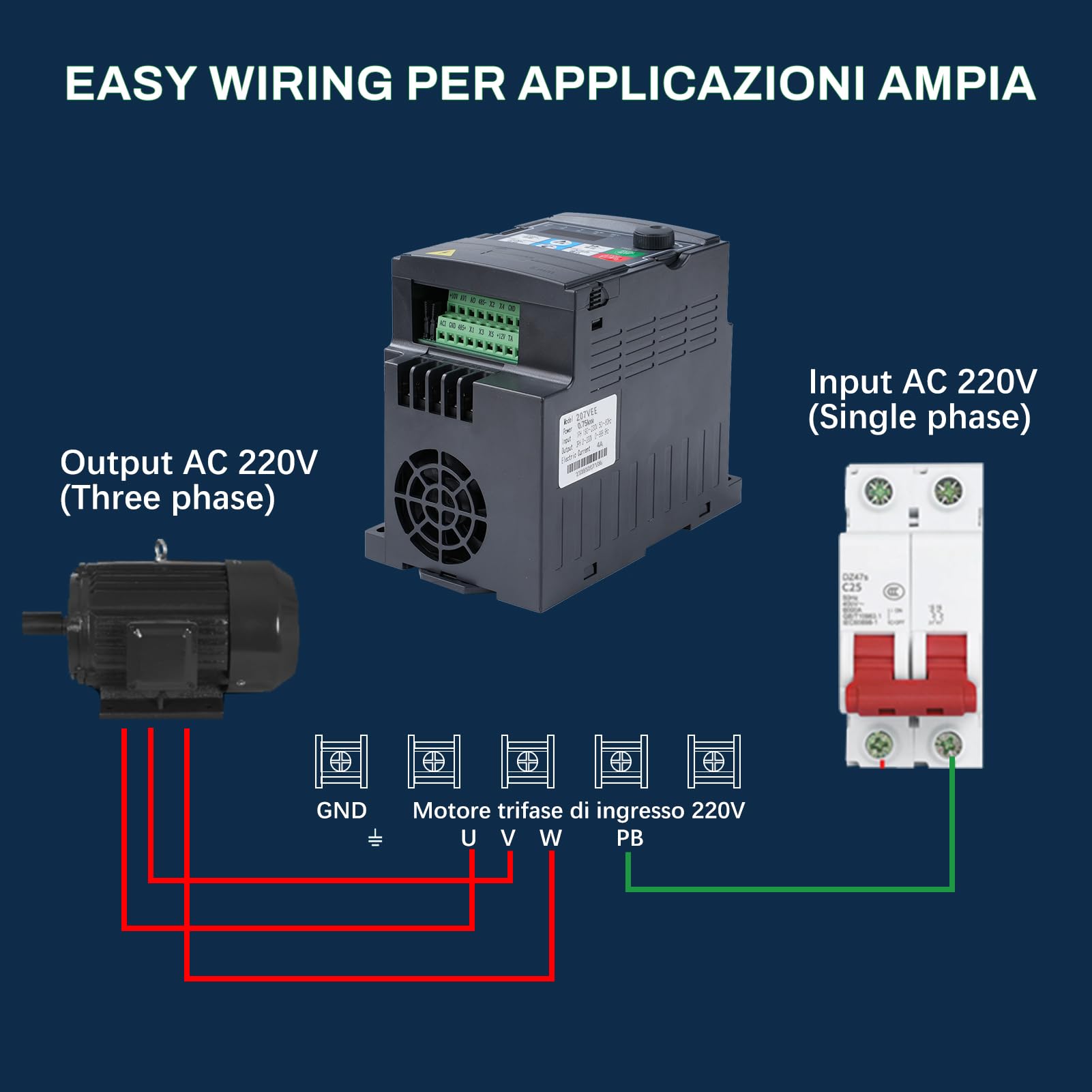 0,75kw Variador de frecuencia 220V Entrada monofásica 220V Salida trifásica 220V Variador de frecuencia VFD Cuadro de control extraíble modelo 207VEE (con cable de extensión de 1,5m)