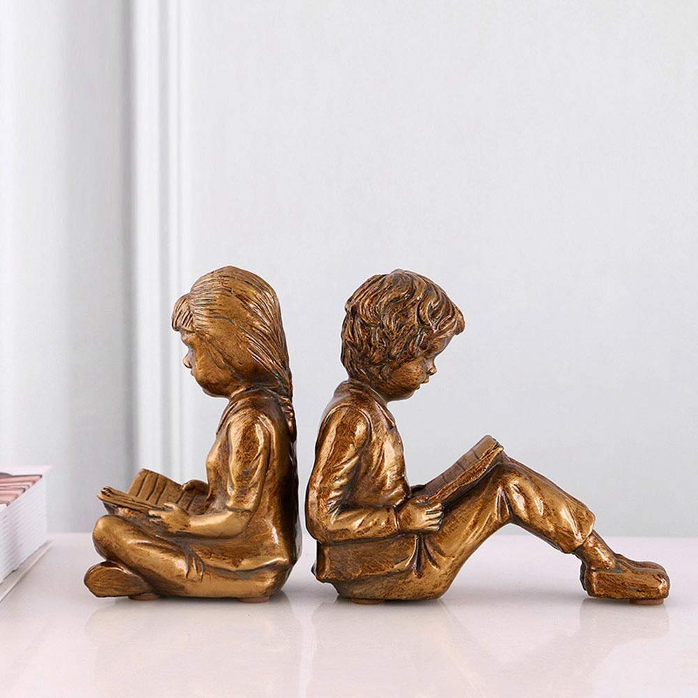 XCXC Book Stand Traditional Classic Bookends -1 Pair, Creative Boy Girl Resin Sculpture - Imitation Bronze Figures Statue For Home Desktop Decoration