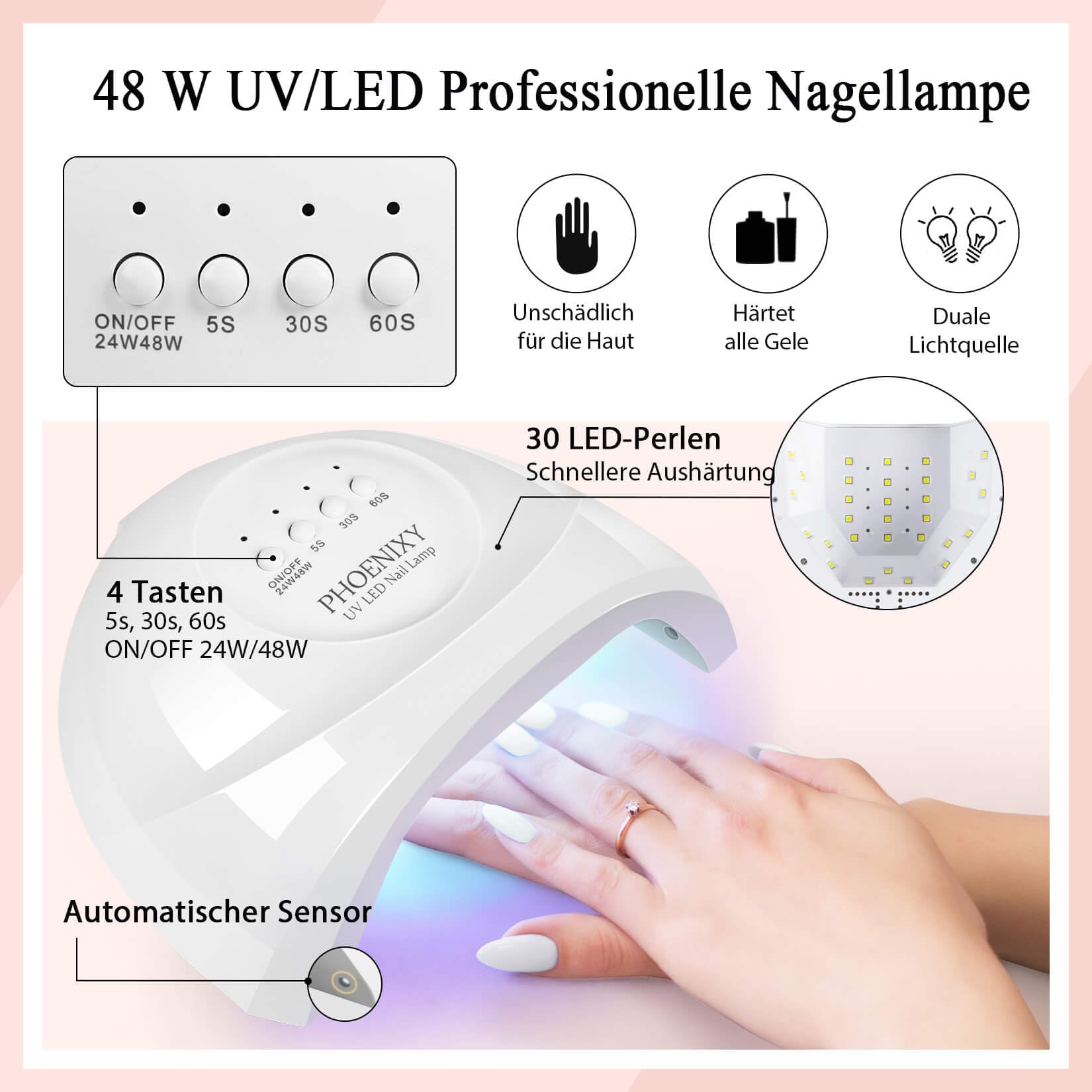 Phoenixy UV Nagellack Set mit Elektrische Nagelfräser und 48W Nagellampe 30 Farben Gelnägel Starterset mit 1 Base und 4 Top Coat DIY-Nagelkunst zu Hause
